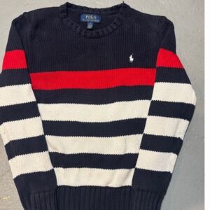 Polo Ralph Lauren Boys SM 6/8 Navy Blue Red White Striped Cotton Knit Sweater